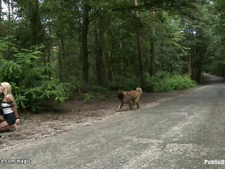 Blonde naked bound in public window