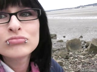 Nerd Brunette Blowjob and cumming beside beach