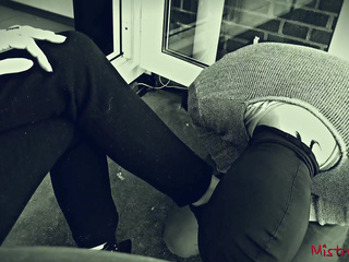 Femdom foot slave worships Mistress high heels