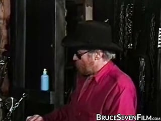 Oily blonde roped up and teased hard before having a drink