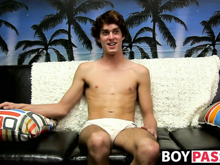 Skinny dude takes his undies off and wanks after interview