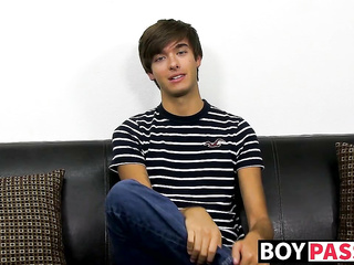 Young dude with bangs pleases himself after the interview