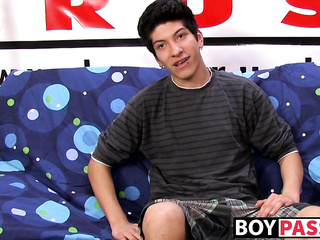 Interviewed young twink jerks off his big dick and cums