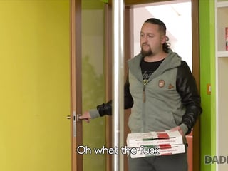 Comely girl enjoys unexpected sex with her man's bald step dad