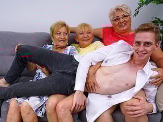 Three matue ladies share one naught toy boy for their deviant sexgames