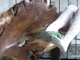 Blonde teen foot teasing in white & ebony stockings