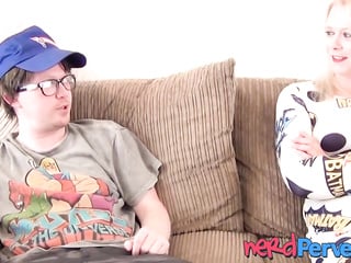 Horny natural tits MILF Jodie Cummings blows nerds dick POV