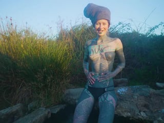 Real Life EXTREME tattoo couple public fuck in outdoor hot spring, deepthroat blowjob