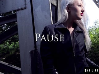 Glam blonde Adelina White pees outdoors and rubs her pussy