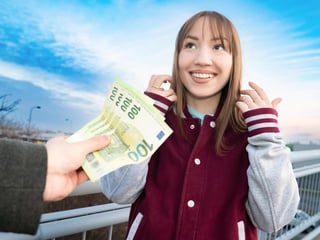 Kate Quinn earned money by dancing, flashing her boobs, giving a blowjob, and getting fucked in various positions until she received a hot load on her tongue.