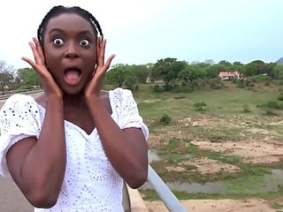 Ebony girlfriend sucking my big ivory cock at safari camper van