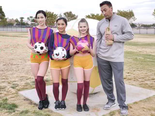 Soccer teens thank their much older coach as a team by sucking and fucking him