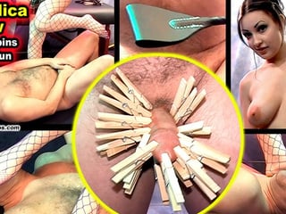 CBT Clothespin Fun with Miss Angelica Meow - 720P This good slave boy has 20 clothespins put on his cock and balls and has his nuts kicked in by this sexy Mistress!