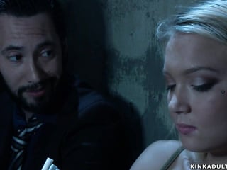 Suspended blonde deep throat fucked