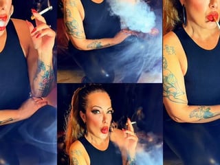 Powerful Smoke - Stepmother in leather, high heels and a ponytail, blowing smoke in your face - Newport Menthol