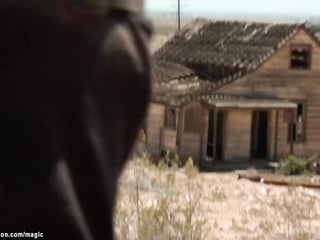 Hunter tormets slaves in the desert