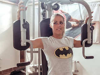 Perfect body blonde teen athlete fucks in the gym