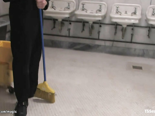 Busty shemale anal fucks cleaning man